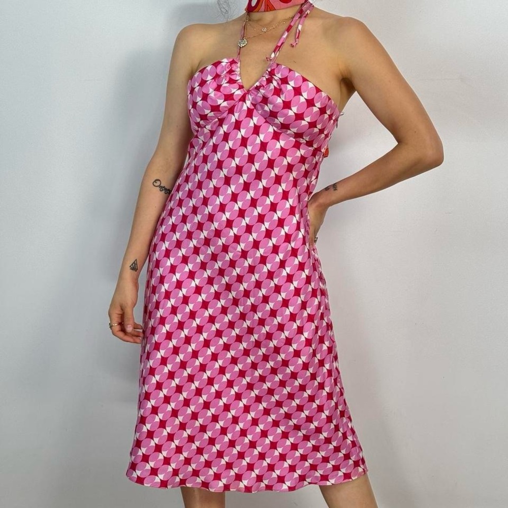2000s pink and white polka dot halter neck midi dress backless. Women’s size S